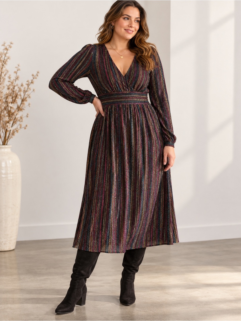 Boden Metallic Stripe Long Sleeve Sweater Dress 16 18R 1X Rainbow Holiday